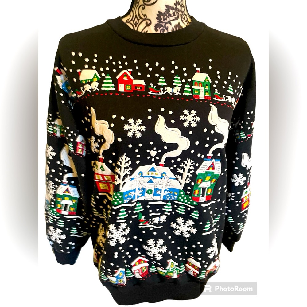 Vintage Karen Blake Snow Covered Village Ladies Sweatshirt Size M Made In USA